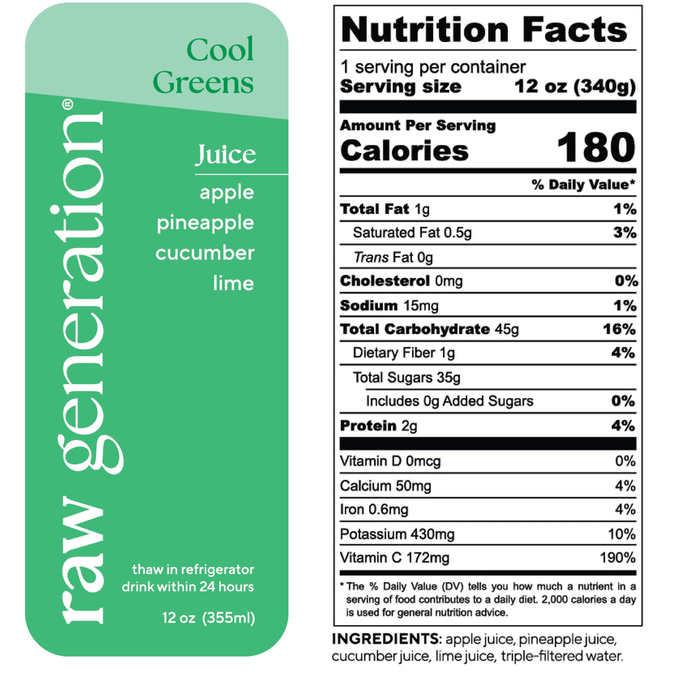 Nutrition Facts, 1 serving/container, 12 oz (340g), Calories 180, Total Fat 1g, Saturated Fat 0.5g, Trans Fat 0g, Cholesterol 0mg, Sodium 15mg, Total Carbohydrate 45g, Dietary Fiber 1g, Total Sugars 35g, Added Sugars 0g, Protein 2g, Vitamin D 0mcg, Calcium 50mg, Iron 0.6mg, Potassium 430mg, Vitamin C 172mg; Ingredients: apple juice, pineapple juice, cucumber juice, aloe vera juice, lime juice, triple-filtered water.