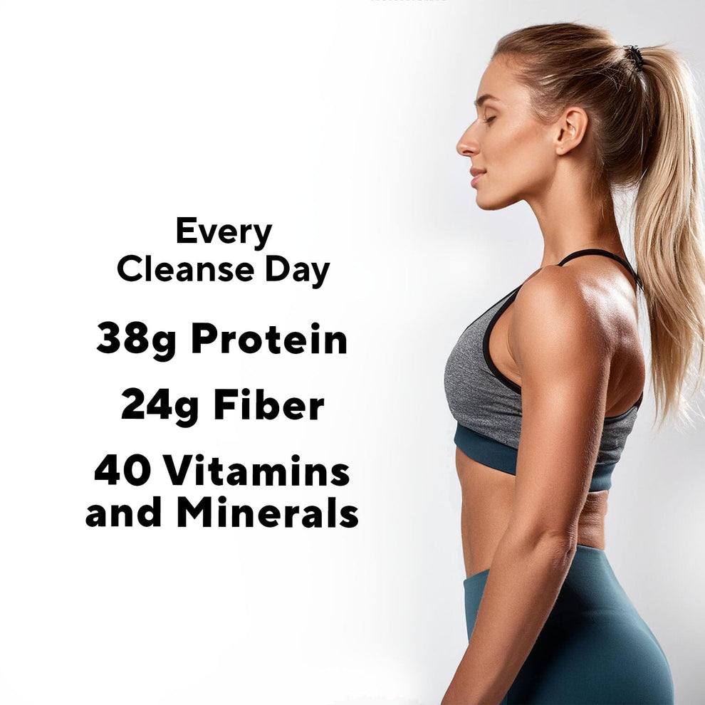 Every cleanse day: 38g protein, 24g fiber, 40 vitamins & minerals