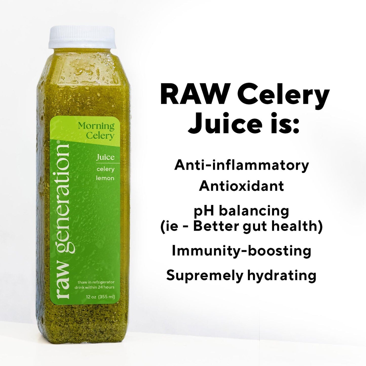 Celery juice is anti-inflammatory, antioxidant, pH balancing, immunity boosting, hydrating